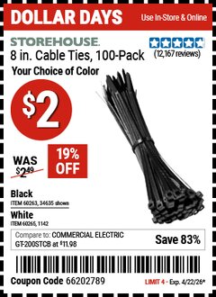 Harbor Freight Coupon STOREHOUSE 8 IN. CABLE TIES, 100 -PACK Lot No. 1142/60265/34635/60263 Valid Thru: 4/22/26 - $2