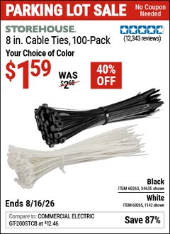 Harbor Freight Coupon STOREHOUSE 8 IN. CABLE TIES, 100 -PACK Lot No. 1142/60265/34635 EXPIRES: 8/16/26 - $1.59