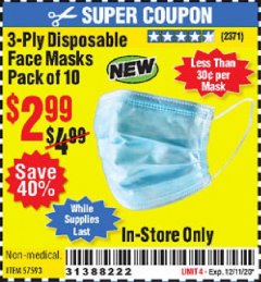 Harbor Freight Coupon 3-PLY DISPOSABLE FACE MASKS PACK OF 10 Lot No. 58065, 57593 Expired: 12/11/20 - $2.99