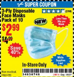 Harbor Freight Coupon 3-PLY DISPOSABLE FACE MASKS PACK OF 10 Lot No. 58065, 57593 Expired: 1/8/21 - $2.99