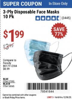 Harbor Freight Coupon 3-PLY DISPOSABLE FACE MASKS PACK OF 10 Lot No. 58065, 57593 Expired: 12/6/20 - $1.99