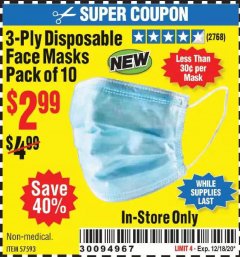 Harbor Freight Coupon 3-PLY DISPOSABLE FACE MASKS PACK OF 10 Lot No. 58065, 57593 Expired: 12/18/20 - $2.99