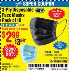 Harbor Freight Coupon 3-PLY DISPOSABLE FACE MASKS PACK OF 10 Lot No. 58065, 57593 Expired: 1/15/21 - $2.99