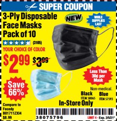 Harbor Freight Coupon 3-PLY DISPOSABLE FACE MASKS PACK OF 10 Lot No. 58065, 57593 Expired: 2/5/21 - $2.99