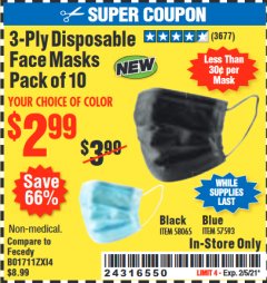 Harbor Freight Coupon 3-PLY DISPOSABLE FACE MASKS PACK OF 10 Lot No. 58065, 57593 Expired: 2/5/21 - $2.99