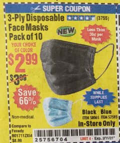 Harbor Freight Coupon 3-PLY DISPOSABLE FACE MASKS PACK OF 10 Lot No. 58065, 57593 Expired: 2/11/21 - $2.99
