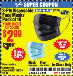 Harbor Freight Coupon 3-PLY DISPOSABLE FACE MASKS PACK OF 10 Lot No. 58065/57593 Expired: 3/9/21 - $2.99