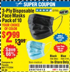 Harbor Freight Coupon 3-PLY DISPOSABLE FACE MASKS PACK OF 10 Lot No. 58065, 57593 Expired: 3/9/21 - $2.99