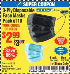 Harbor Freight Coupon 3-PLY DISPOSABLE FACE MASKS PACK OF 10 Lot No. 58065, 57593 Expired: 3/1/21 - $2.99