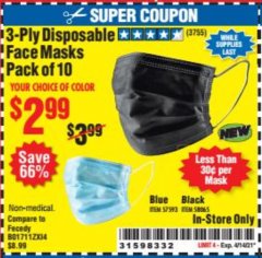 Harbor Freight Coupon 3-PLY DISPOSABLE FACE MASKS PACK OF 10 Lot No. 58065, 57593 Expired: 4/14/21 - $2.99