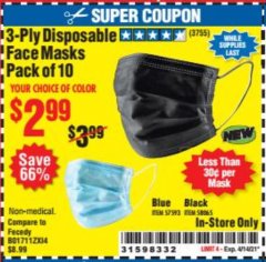 Harbor Freight Coupon 3-PLY DISPOSABLE FACE MASKS PACK OF 10 Lot No. 58065/57593 Expired: 4/14/21 - $2.99