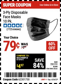 Harbor Freight Coupon 3-PLY DISPOSABLE FACE MASKS PACK OF 10 Lot No. 58065, 57593 Expired: 4/24/22 - $0.79