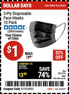 Harbor Freight Coupon 3-PLY DISPOSABLE FACE MASKS PACK OF 10 Lot No. 58065, 57593 Expired: 9/4/22 - $1
