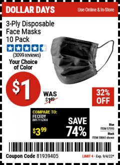 Harbor Freight Coupon 3-PLY DISPOSABLE FACE MASKS PACK OF 10 Lot No. 58065/57593 Expired: 9/4/22 - $1