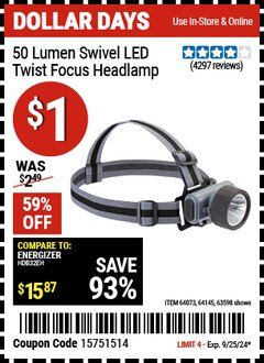 Harbor Freight Coupon SWIVEL LENS HEADLAMP Lot No. 63598/61319/64073/64145 Expired: 9/25/24 - $1