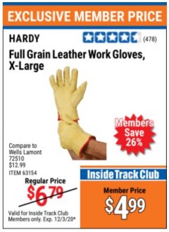 Harbor Freight ITC Coupon HARDY FULL GRAIN LEATHER WORK GLOVES, X-LARGE  Lot No. 63145 Expired: 12/3/20 - $4.99