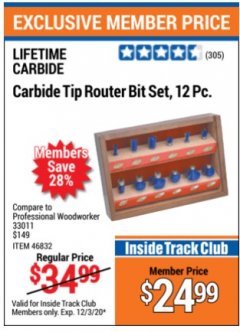Harbor Freight ITC Coupon CARBIDE TIP ROUTER BIT SET ,12PC. Lot No. 33011 Expired: 12/3/20 - $24.99