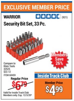 Harbor Freight ITC Coupon SECURITY BIT SET, 33PC. Lot No. 32525 Expired: 12/3/20 - $4.99