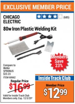 Harbor Freight ITC Coupon 80W IRON PLASTIC WELDING KIT Lot No. sp80nus Expired: 12/3/20 - $12.99