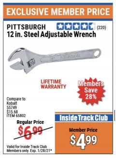 Harbor Freight ITC Coupon 12 IN. STEEL ADJUSTABLE WRENCH - PITTSBURGH Lot No. 55749 Expired: 1/28/21 - $4.99
