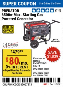 Harbor Freight Coupon PREDATOR 6500W MAX. STARTING GAS POWERED GENERATOR Lot No. 63967/63966 Expired: 12/3/20 - $479.99