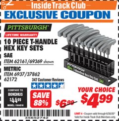 Harbor Freight ITC Coupon 10 PIECE T-HANDLED HEX KEY SETS Lot No. 37861/62161/69369/37862/69370/62172 Expired: 6/30/20 - $4.99
