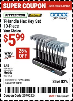 Harbor Freight Coupon PITTSBURGH T-HANDLE HEX KEY SET, 10-PIECE Lot No. 62161/62172 Valid Thru: 3/22/26 - $5.99