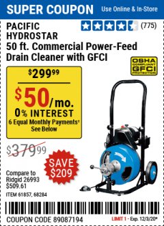 Harbor Freight Coupon PACIFIC HYDROSTAR 50FT. COMMERCIAL POWER-FEED DRAIN CLEANER WITH GFCI Lot No. 61857 Expired: 12/3/20 - $299.99