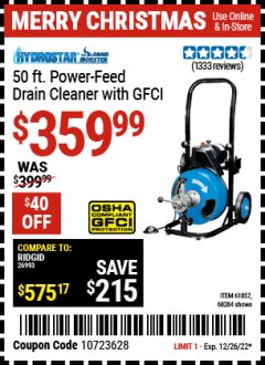 Harbor Freight Coupon PACIFIC HYDROSTAR 50FT. COMMERCIAL POWER-FEED DRAIN CLEANER WITH GFCI Lot No. 61857 Expired: 12/26/22 - $359.99