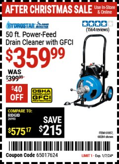 Harbor Freight Coupon PACIFIC HYDROSTAR 50FT. COMMERCIAL POWER-FEED DRAIN CLEANER WITH GFCI Lot No. 61857 Expired: 1/7/24 - $359.99