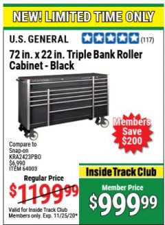 Harbor Freight Coupon US GENERAL 72 IN X 22 IN TRIPLE BANK ROLLER CABINET BLACK Lot No. 64003 Expired: 11/25/20 - $999.99