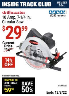 Harbor Freight ITC Coupon DRILL MASTER 7-1/4IN., 10 AMP CIRCULAR SAW Lot No. 63005 Expired: 12/8/22 - $29.99