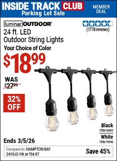 Harbor Freight Coupon LUMINAR OUTDOOR 24 FT. LED OUTDOOR STRING LIGHTS Lot No. 56869/70990 Valid: 12/31/69 - 3/5/26 - $18.99