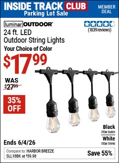 Harbor Freight Coupon LUMINAR OUTDOOR 24 FT. LED OUTDOOR STRING LIGHTS Lot No. 56869/70990 Valid: 12/31/69 - 6/4/26 - $17.99