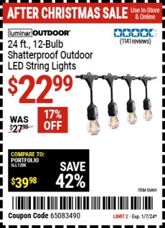 Harbor Freight Coupon LUMINAR OUTDOOR 24 FT. LED OUTDOOR STRING LIGHTS Lot No. 56869/70990 Expired: 1/7/24 - $22.99
