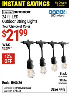Harbor Freight Coupon LUMINAR OUTDOOR 24 FT. LED OUTDOOR STRING LIGHTS Lot No. 56869/70990 Valid Thru: 10/8/26 - $21.99