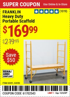 Harbor Freight Coupon FRANKLIN HEAVY DUTY PORTABLE SCAFFOLD Lot No. 63051/63050 Expired: 12/3/20 - $169.99