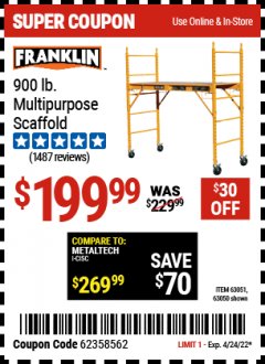 Harbor Freight Coupon FRANKLIN HEAVY DUTY PORTABLE SCAFFOLD Lot No. 63051/63050 Expired: 4/24/22 - $199.99