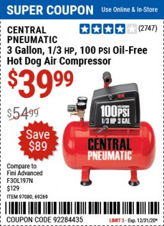 Harbor Freight Coupon CENTRAL PNEUMATIC 3 GALLON, 1/3 HP, 100 PSI OIL-FREE HOT DOG AIR COMPRESSOR Lot No. 97080, 69269 Expired: 12/31/20 - $39.99