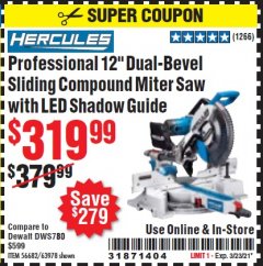 Harbor Freight Coupon HERCULES PROFESSIONAL 12" DOUBLE-BEVEL SLIDING MITER SAW Lot No. 63978/56682 Expired: 3/23/21 - $319.99