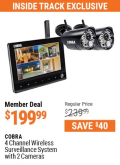 Harbor Freight ITC Coupon COBRA 4 CHANNEL WIRELESS SURVEILLANCE SYSTEM WITH 2 CAMERAS Lot No. 63842 Expired: 7/29/21 - $199.99