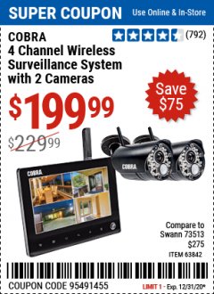 Harbor Freight Coupon COBRA 4 CHANNEL WIRELESS SURVEILLANCE SYSTEM WITH 2 CAMERAS Lot No. 63842 Expired: 12/31/20 - $199.99