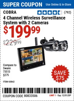 Harbor Freight Coupon COBRA 4 CHANNEL WIRELESS SURVEILLANCE SYSTEM WITH 2 CAMERAS Lot No. 63842 Expired: 12/31/20 - $199.99