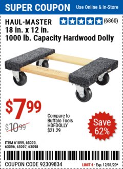 Harbor Freight Coupon HAUL-MASTER 18IN. X 12IN. 1000 LB. CAPACITY HARDWOOD DOLLY Lot No. 61899,63095, 63096, 63097, 63098 Expired: 12/31/20 - $7.99