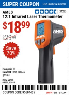 Harbor Freight Coupon AMES 12:1 INFRARED LASER THERMOMETER Lot No. 64310/64626/63985 Expired: 12/31/20 - $18.99