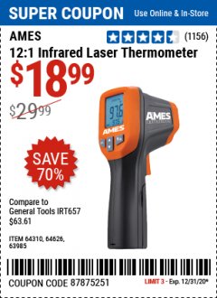 Harbor Freight Coupon AMES 12:1 INFRARED LASER THERMOMETER Lot No. 64310, 64626, 63985 Expired: 12/31/20 - $18.99
