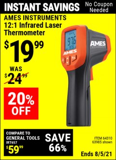 Harbor Freight Coupon AMES 12:1 INFRARED LASER THERMOMETER Lot No. 64310, 64626, 63985 Expired: 8/5/21 - $19.99