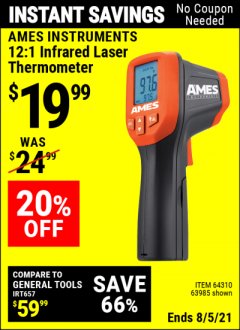 Harbor Freight Coupon AMES 12:1 INFRARED LASER THERMOMETER Lot No. 64310/64626/63985 Expired: 8/5/21 - $19.99