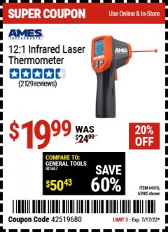 Harbor Freight Coupon AMES 12:1 INFRARED LASER THERMOMETER Lot No. 64310, 64626, 63985 Expired: 7/17/22 - $19.99