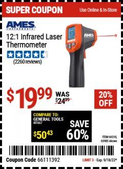 Harbor Freight Coupon AMES 12:1 INFRARED LASER THERMOMETER Lot No. 64310, 64626, 63985 Expired: 9/18/22 - $19.99